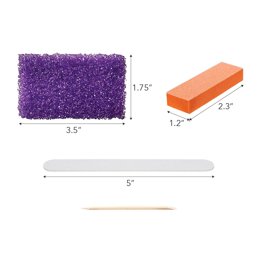 ForPro Basics 4-Piece Pedicure Kit, Purple Pumice Pad, White Wood Nail File 100/180 Grit, Orange Mini Buffer 100/180 Grit, Wood Stick, Individually-Packed, 200-Count